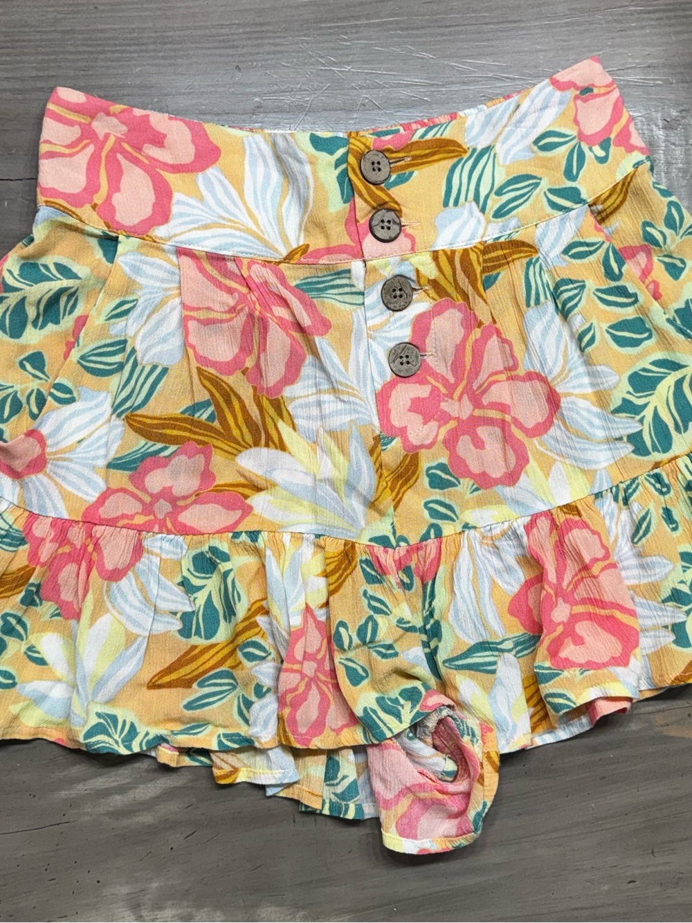Rip Curl Yellow Floral Tiered Ruffle Skort with Pink Accents